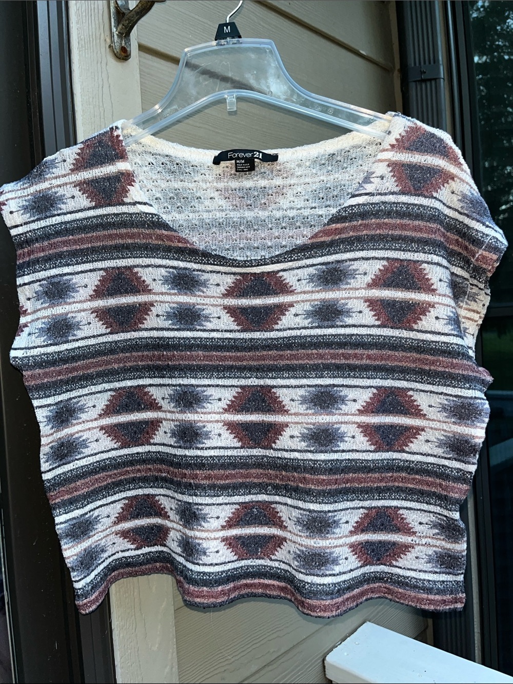 Forever 21 Rust, Cream & Gray Geometric Cropped Crewneck Sweater